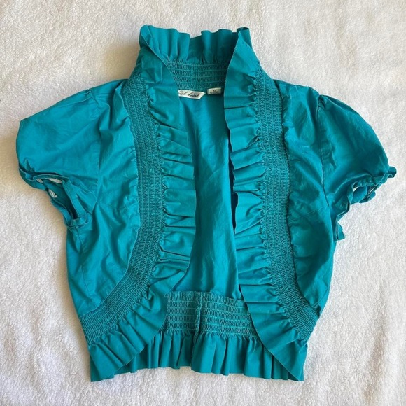 Tops - 70s retro blue cropped ruffled blouse blazer
